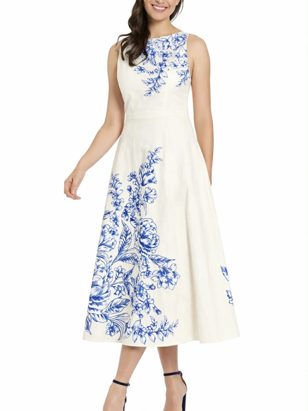 London Times NWOT Blue & White Floral Linen Blend Midi Dress, Sz US14/UK18